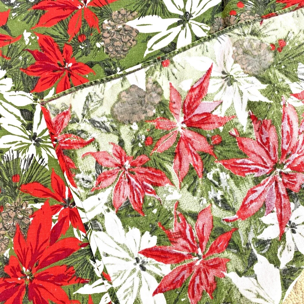 Vintage Christmas Tablecloth 50” Square Poinsettias & Pine Cones Retro 1970's